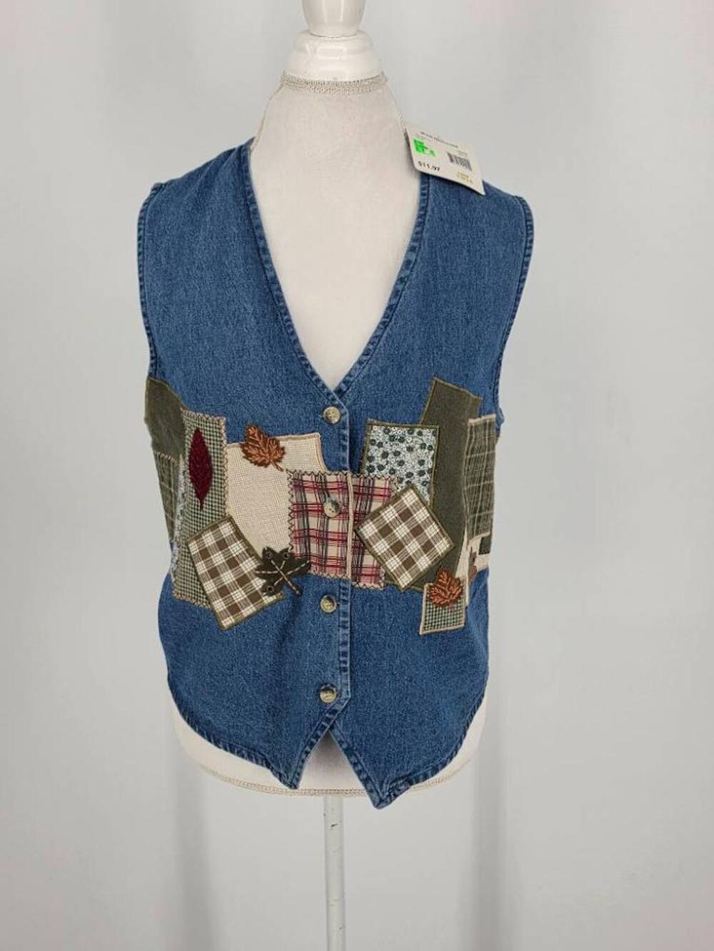 Vintage Bobbie Brooks Womens L Autumn Patchwork Denim Vest Cottagecore